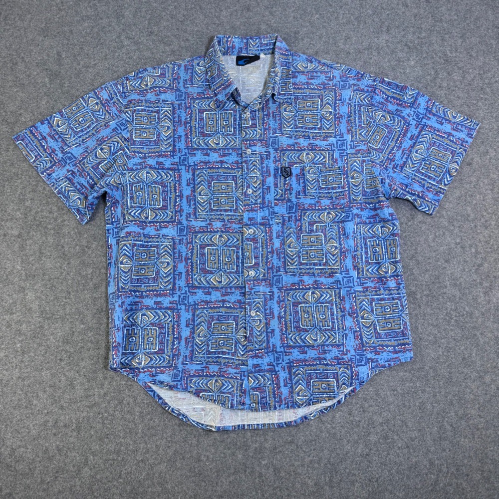 Vintage 80s Quiksilver Mens Blue Tribal Geometric Cotton Button Down Shirt M